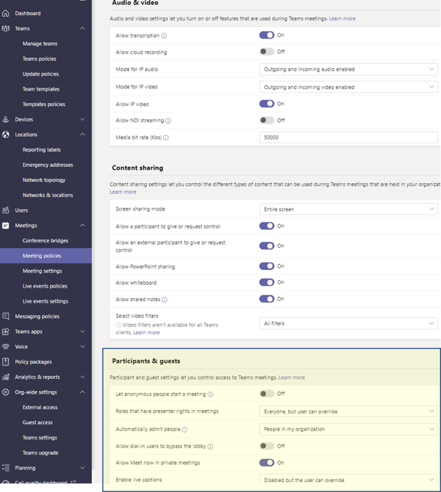 Participants and Guest Access Settings