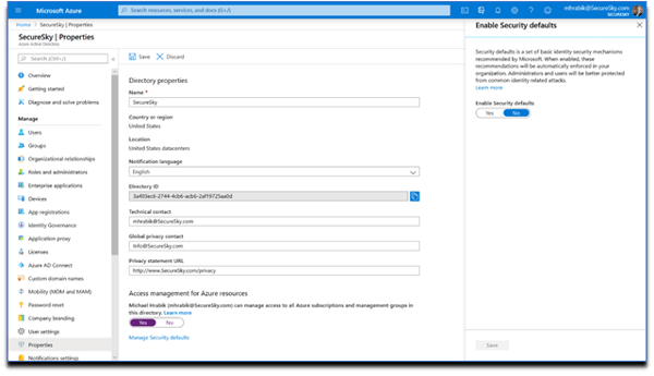 O386 ‘Security Defaults’ Enabled Screen office 365 security