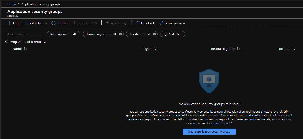 Azure Application security group home Azure Security