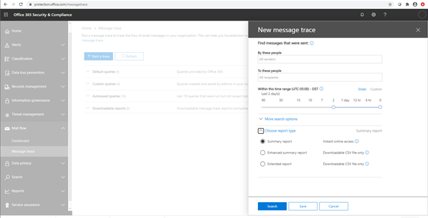 Email Message Trace Menu